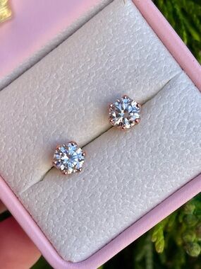 Rose Gold Moissanite Stud Earrings, 6-Prong, 2CTW